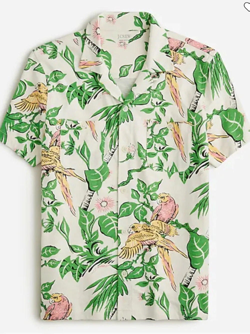 JCREW Short-sleeve cotton knit camp-collar shirt Tropical‎ Parrot Print